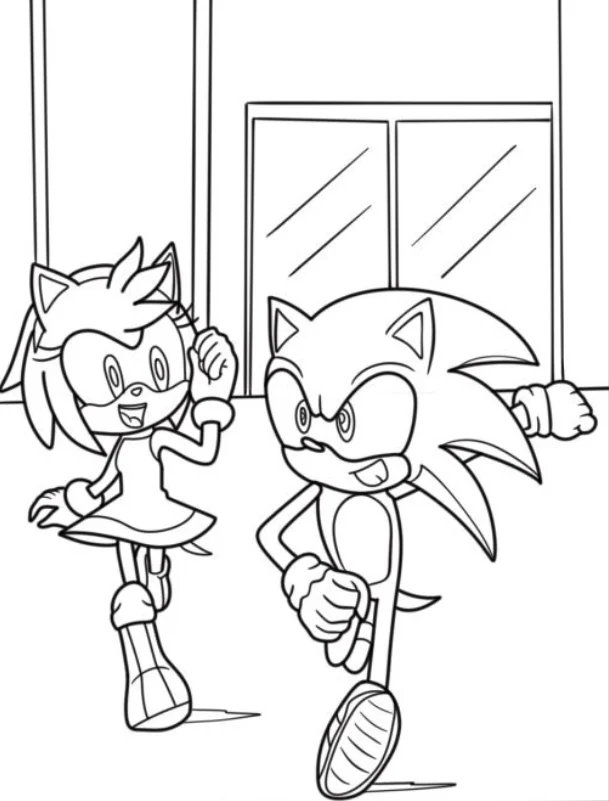 Amy and Sonic Coloring Pages - Free Printable for Kids & Adults both racing with one another with calm smiles