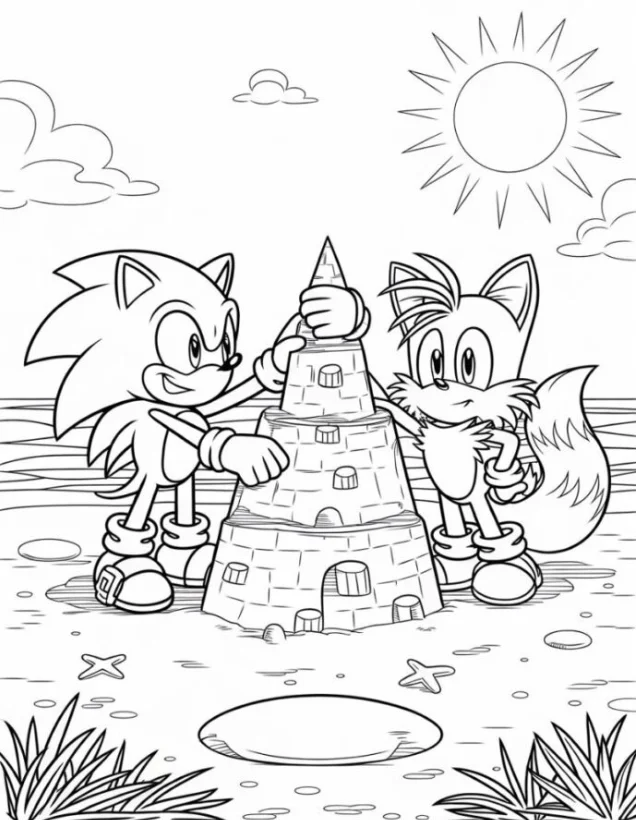 Sonic, Tails, and Knuckles coloring pages – Free Printable for Kids & Adults both working as a team to make a sandcastle at the beach on a sunny day