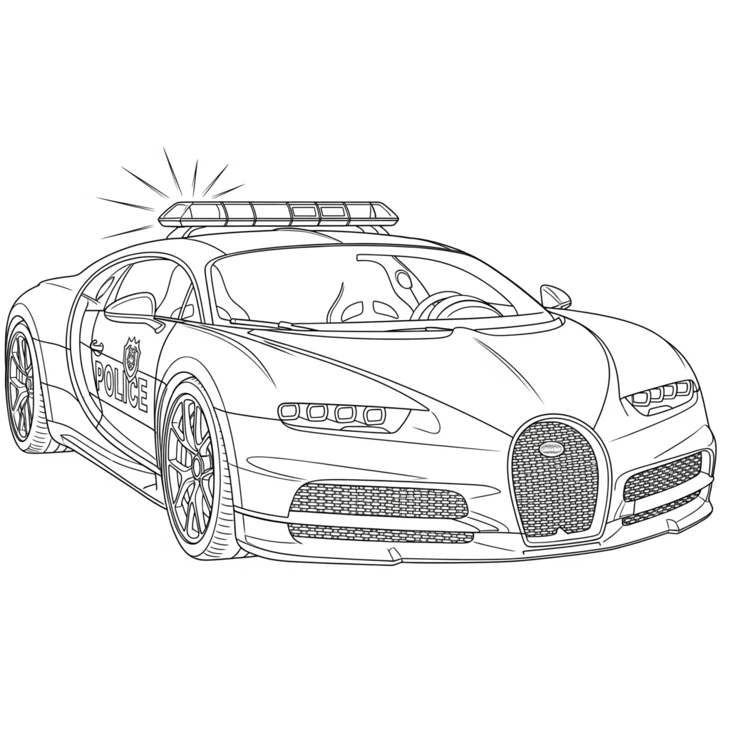 12 Polizeiauto Ausmalbilder (Kostenlos Malvorlage zum Drucken) Ausmalbild eines Bugatti Polizeiautos mit sportlichem Design zum Ausdrucken und Ausmalen für Kinder