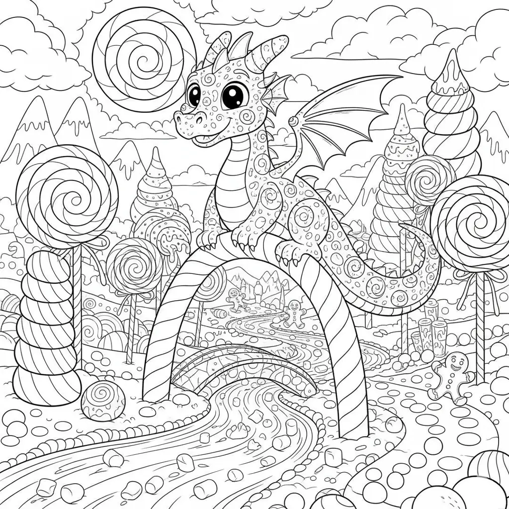 Candy Land Drache Ausmalbild mit Süßigkeiten und Lutschern zum Ausdrucken
