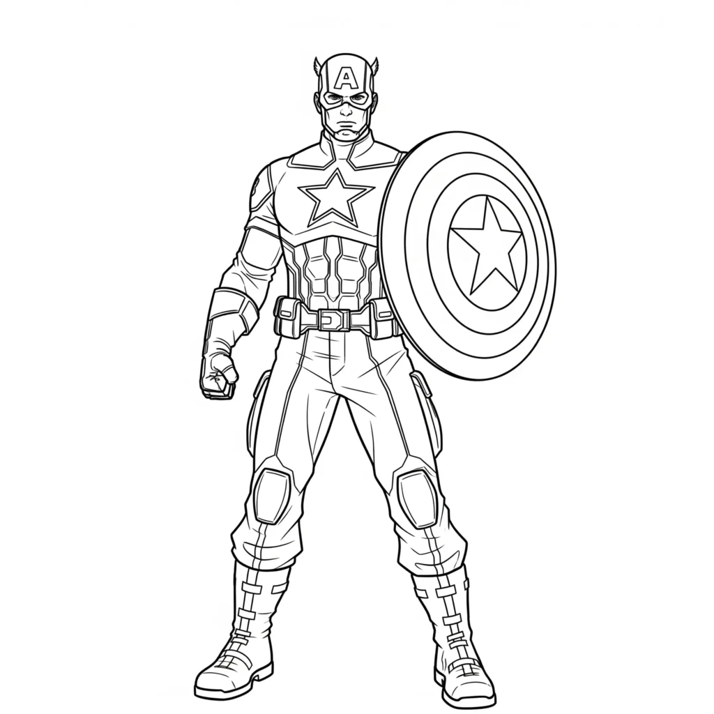 14 Captain America Ausmalbilder (Kostenlos Malvorlage drucken) Captain America hält seinen Schild in Kampfhaltung Ausmalbilder zum Ausdrucken für Kinder, als kostenloses PDF erhältlich