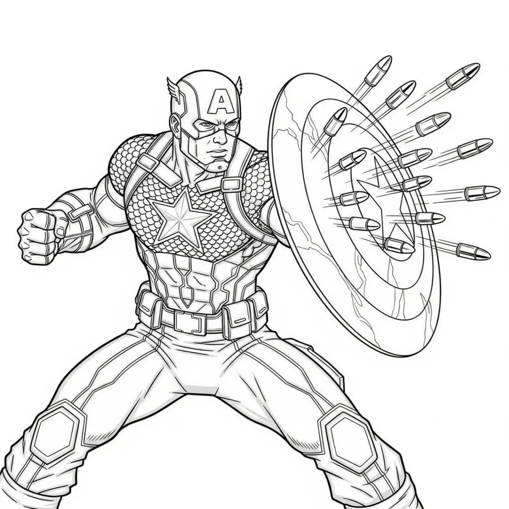 14 Captain America Ausmalbilder (Kostenlos Malvorlage drucken) Captain America führt die Avengers im Kampf an – spannendes Ausmalbild für Kinder zum Ausdrucken, als kostenlose PDF verfügbar