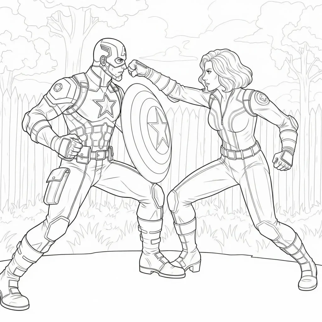 14 Captain America Ausmalbilder (Kostenlos Malvorlage drucken) Captain America steht zusammen mit Black Widow – spannendes Ausmalbild für Kinder, als PDF kostenlos zum Ausdrucken