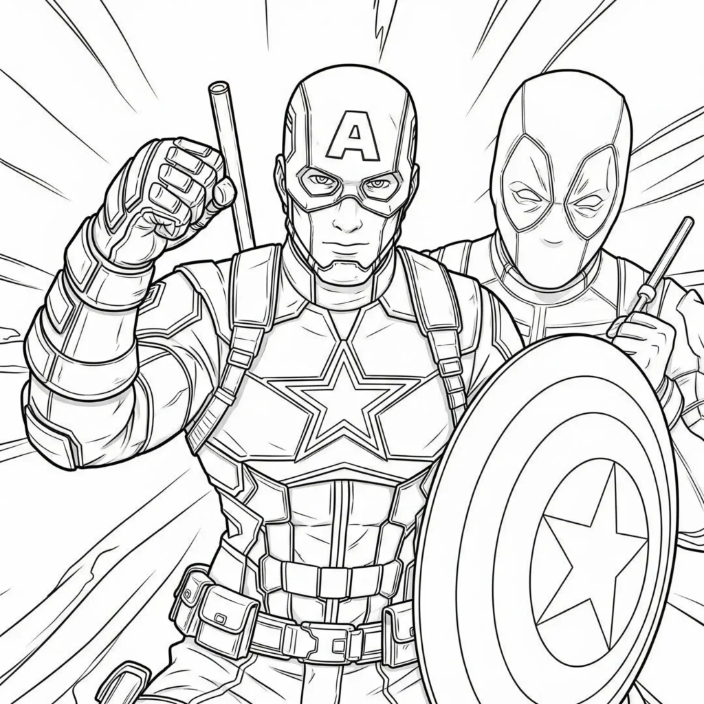 14 Captain America Ausmalbilder (Kostenlos Malvorlage drucken) Captain America und Deadpool gemeinsam als Ausmalbild – aufregendes Motiv für Kinder, als PDF kostenlos zum Ausdrucken