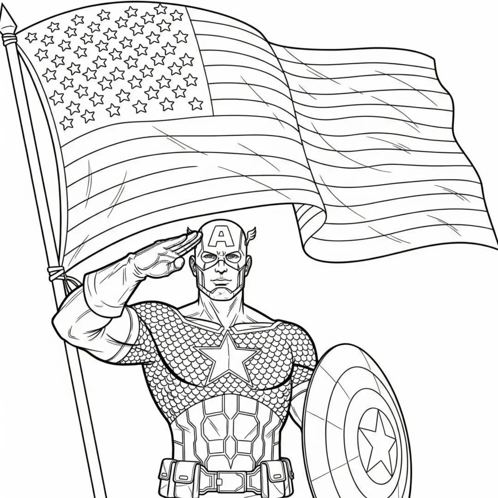 14 Captain America Ausmalbilder (Kostenlos Malvorlage drucken) Captain America steht stolz mit amerikanischer Flagge im Hintergrund – patriotisches Ausmalbild für Kinder, als PDF kostenlos zum Ausdrucken