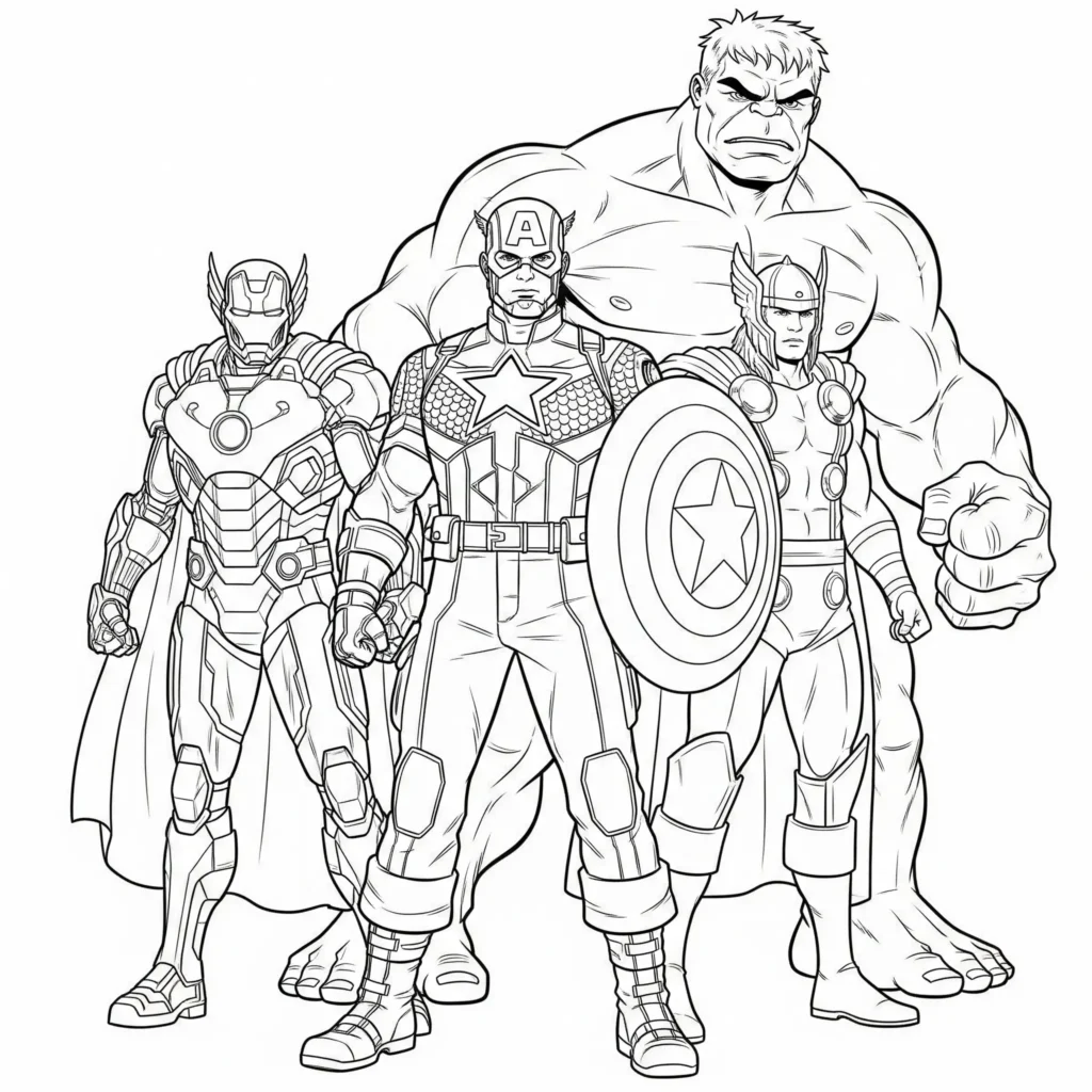 14 Captain America Ausmalbilder (Kostenlos Malvorlage drucken) Captain America steht zusammen mit dem Avengers Team – buntes Ausmalbild für Kinder, als PDF kostenlos zum Ausdrucken