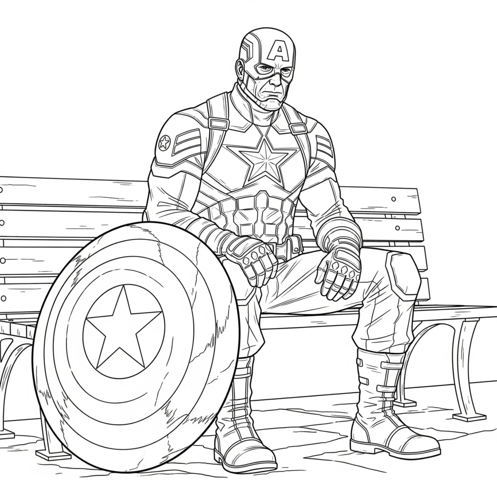 14 Captain America Ausmalbilder (Kostenlos Malvorlage drucken) Captain America steht mit seinem ikonischen Schild – tolles Ausmalbild für Kinder, als kostenloses PDF zum Ausdrucken verfügbar