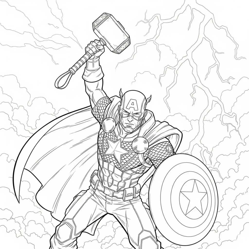 14 Captain America Ausmalbilder (Kostenlos Malvorlage drucken) Captain America fängt den Hammer Mjolnir – spannende Malvorlage zum Ausdrucken für Kinder, als kostenlose PDF verfügbar