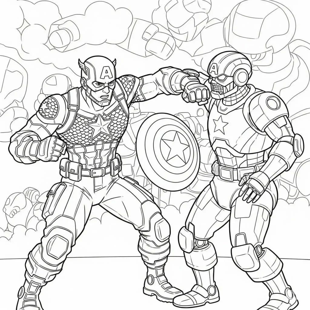14 Captain America Ausmalbilder (Kostenlos Malvorlage drucken) Captain America schlägt einen Roboter im Kampf – spannendes Ausmalbild für Kinder zum Ausdrucken, als kostenloses PDF verfügbar