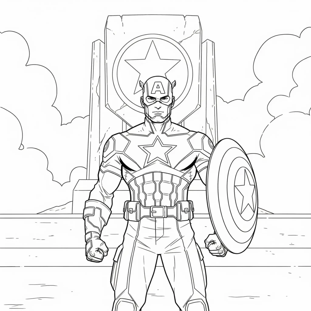 14 Captain America Ausmalbilder (Kostenlos Malvorlage drucken) Captain America steht vor einem großen schildförmigen Denkmal – starkes Ausmalbild für Kinder zum Ausdrucken, als PDF kostenlos verfügbar