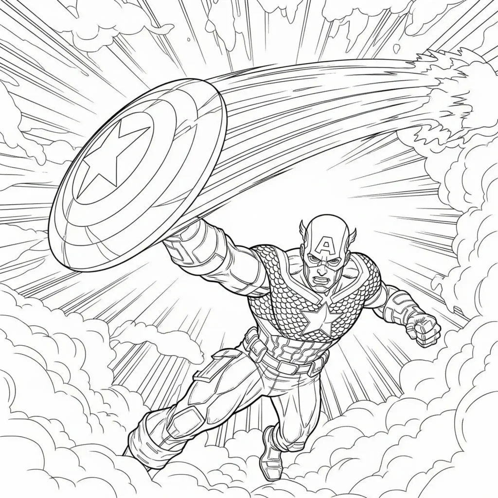 14 Captain America Ausmalbilder (Kostenlos Malvorlage drucken) Captain America wirft im Sprung seinen Schild – dynamische Malvorlage für Kinder zum Ausdrucken, als PDF kostenlos verfügbar