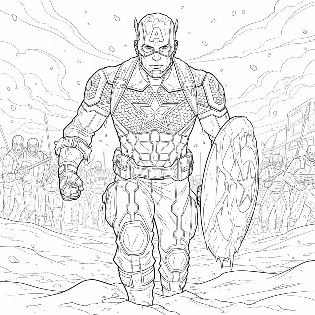 14 Captain America Ausmalbilder (Kostenlos Malvorlage drucken) Captain America steht mutig auf einem verschneiten Schlachtfeld – spannendes Ausmalbild für Kinder, als PDF kostenlos zum Ausdrucken