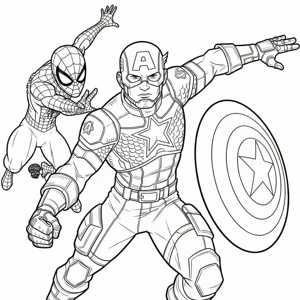 14 Captain America Ausmalbilder (Kostenlos Malvorlage drucken) Captain America und Spider-Man zusammen als Ausmalbild – spannendes Motiv für Kinder, als PDF kostenlos zum Ausdrucken verfügbar