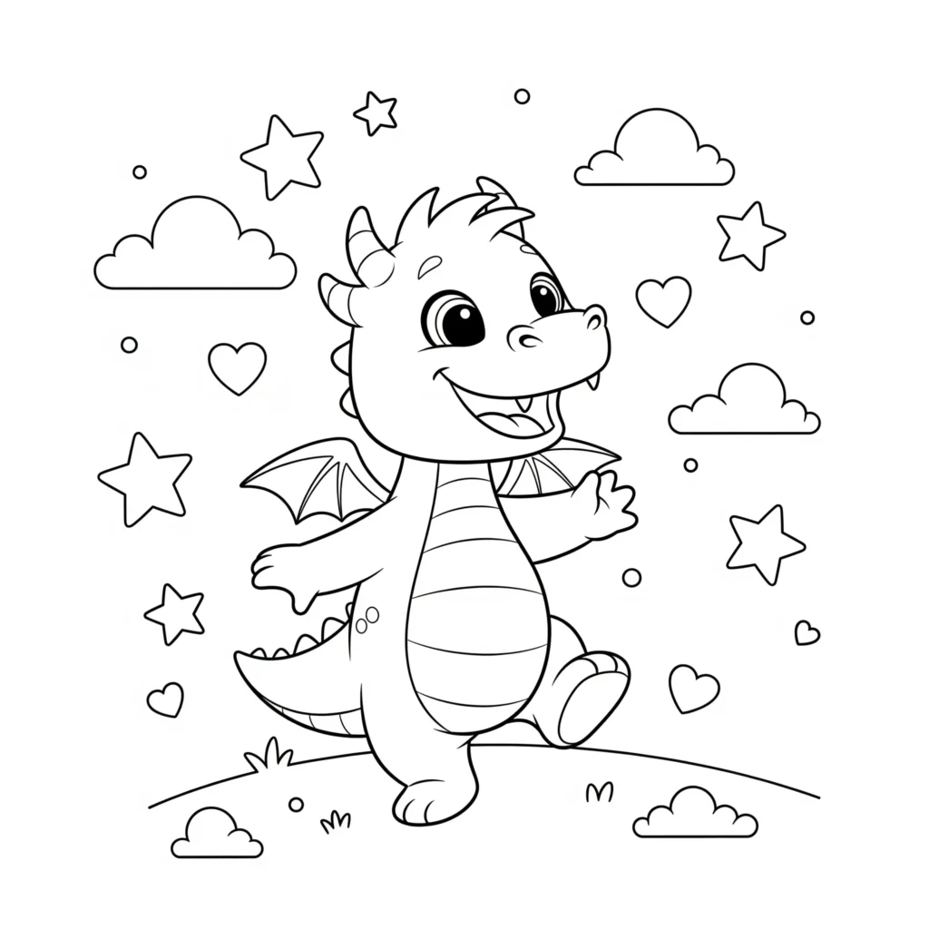 Süßer Cartoon Drache mit Sternen und Herzen zum Ausmalen und Ausdrucken