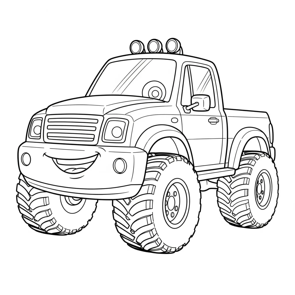 10+ LKW Ausmalbilder (Kostenlos Malvorlage zum Ausdrucken) Ausmalbild eines lustigen Cartoon-LKWs mit lächelndem Gesicht, ideal für Kinder und geeignet als LKW Ausmalbilder PDF