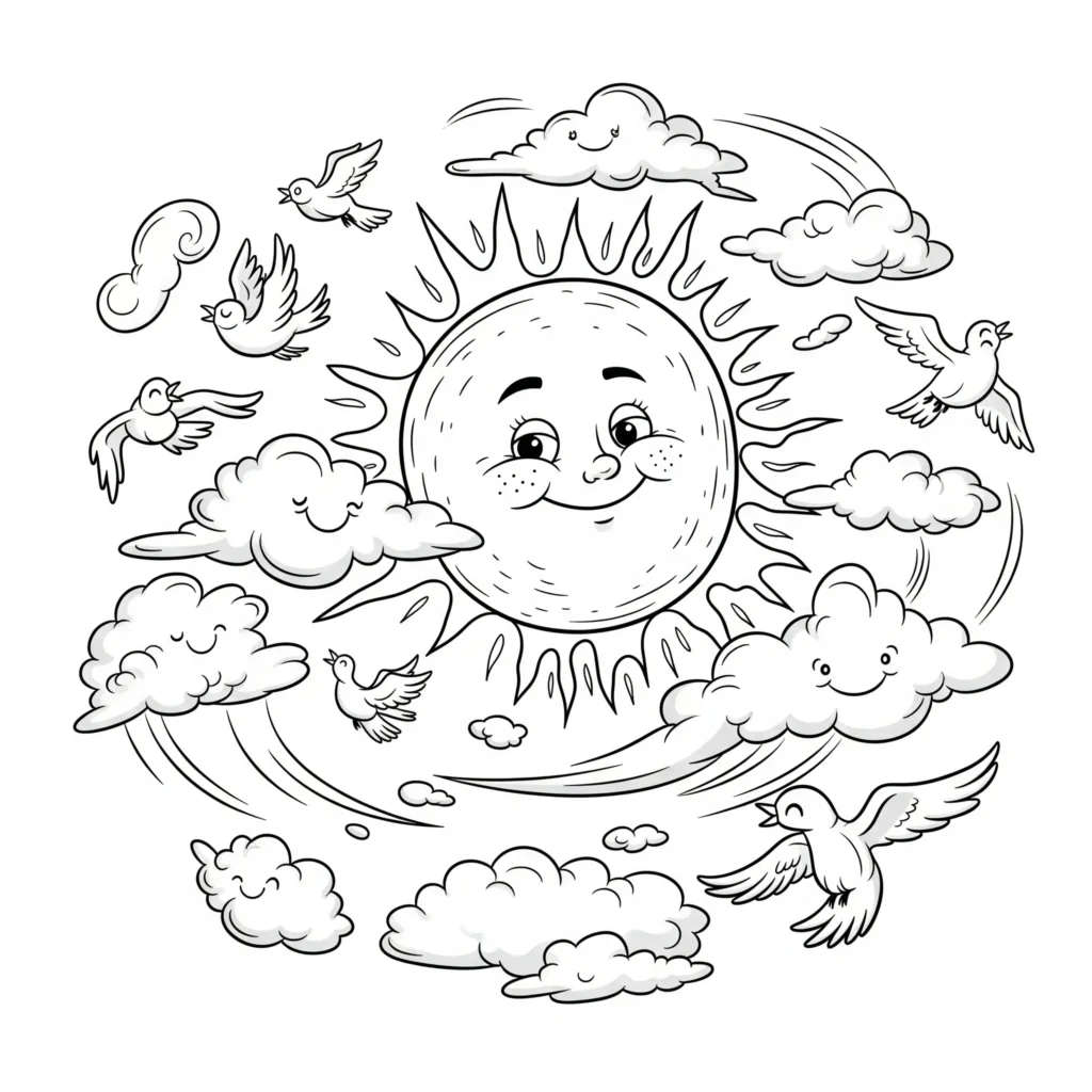 Ausmalbild einer lachenden Cartoon Sonne, umgeben von glücklichen Wolken, perfekt für Kinder zum Ausdrucken und Ausmalen