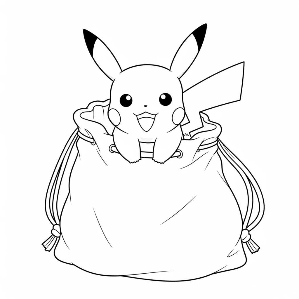 30 Pikachu Ausmalbilder (Gratis Pokémon Malvorlage zum drucken) Ausmalbild mit einem süßen Chibi Pikachu, das neugierig aus einer gemütlichen Tasche schaut – perfekt für Kinder, die Pokémon lieben und malen möchten.