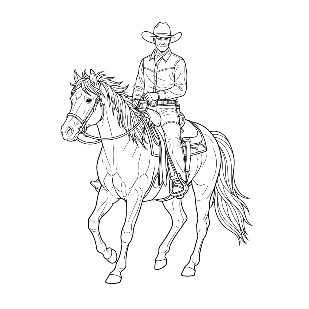 30 Pferde Ausmalbilder (Kostenlos Malvorlage zum Ausdrucken) pferd ausmalbild zum ausdrucken mit cowboy der auf einem pferd sitzt als spannende malvorlage für kinder die western lieben