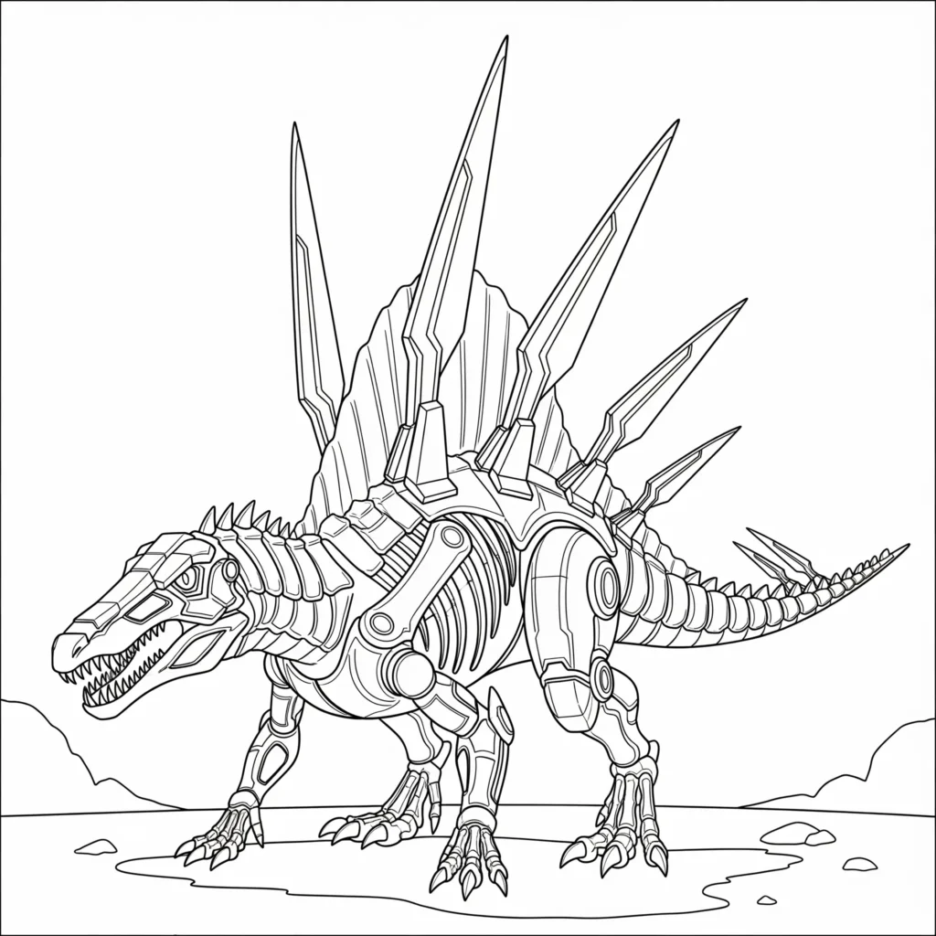 Spinosaurus Ausmalbild - Gratis Dino Malvorlage PDF drucken Futuristisches spinosaurus ausmalbild zeigt einen cyber-dino mit mechanischen details und klingenförmigen rückenflossen als spinosaurus malvorlage für kinder