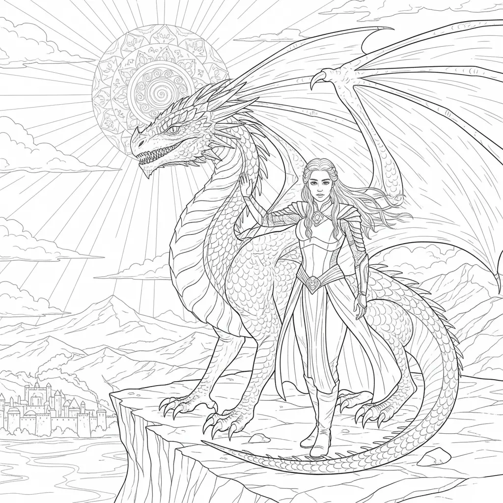 Daenerys Khaleesi steht neben ihrem Drachen zum Ausmalen und Ausdrucken