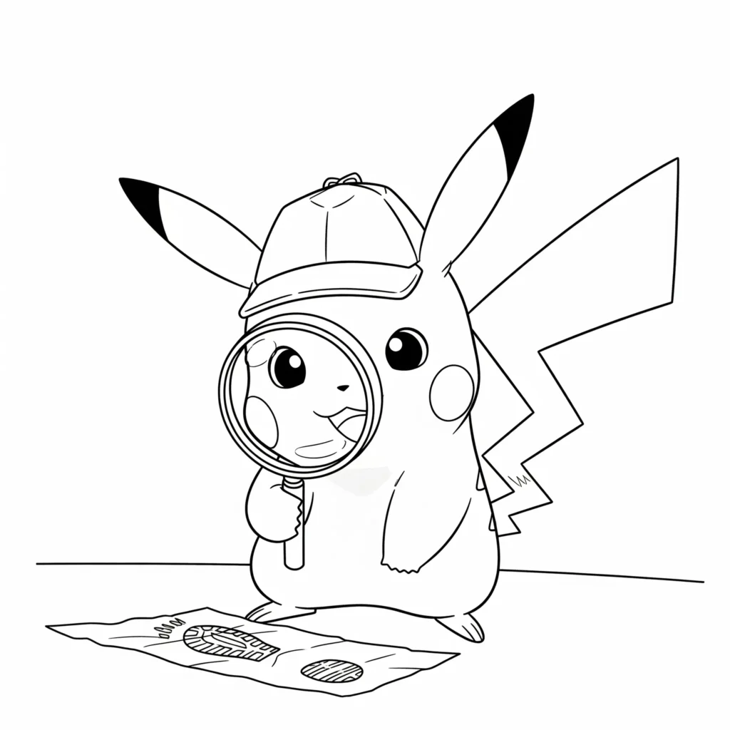30 Pikachu Ausmalbilder (Gratis Pokémon Malvorlage zum drucken) Diese Ausmalvorlage zeigt Detektiv Pikachu, wie er konzentriert einen Hinweis untersucht – ideal für Kinder, die spannende Szenen lieben.