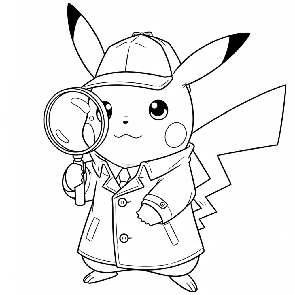 30 Pikachu Ausmalbilder (Gratis Pokémon Malvorlage zum drucken) Diese Ausmalvorlage zeigt Detektiv Pikachu mit einer Lupe in der Hand, bereit Hinweise zu entdecken – ideal für Kinder mit Entdeckergeist.
