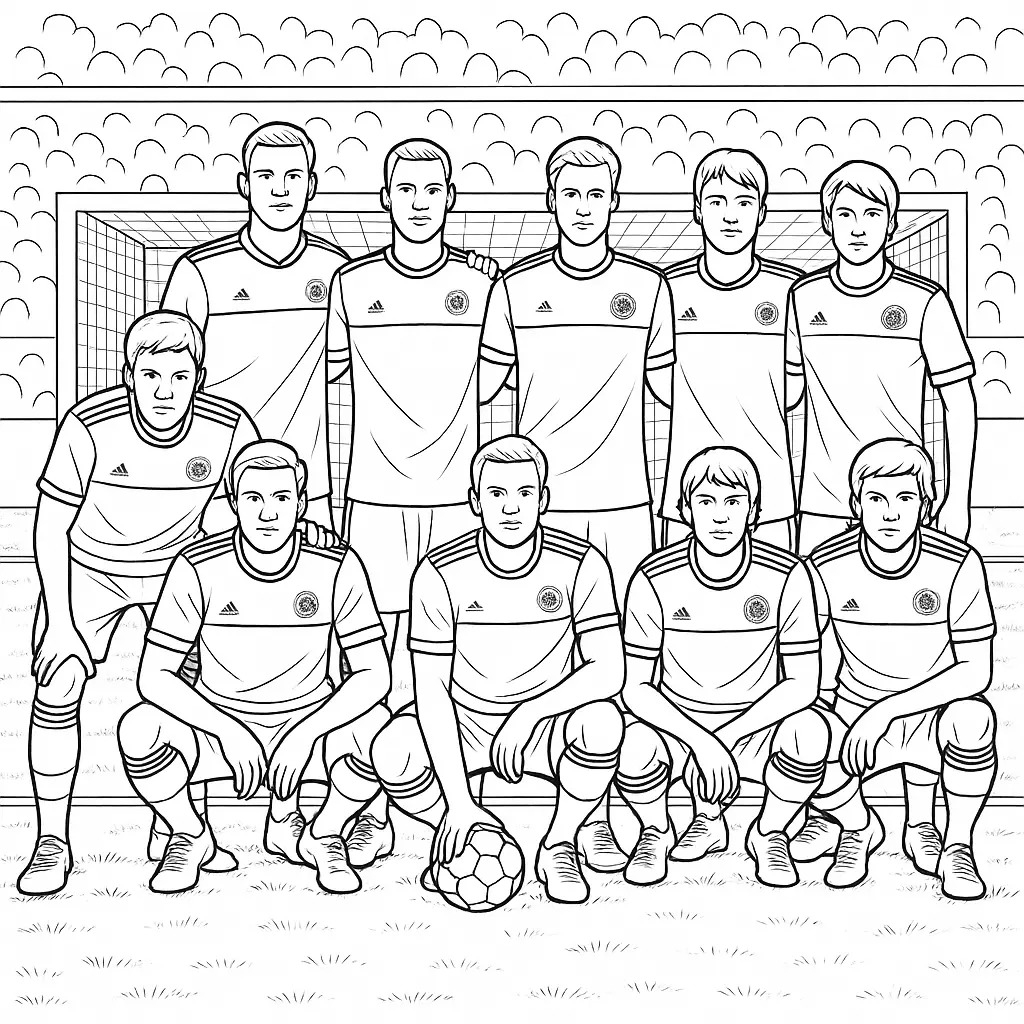 36 Ausmalbilder Fussball (Gratis Fußball Malvorlage drucken) Ausmalbild Die deutsche Fußballnationalmannschaft steht gemeinsam vor dem Tor auf dem Spielfeld, elf Spieler in Trikots in zwei Reihen.