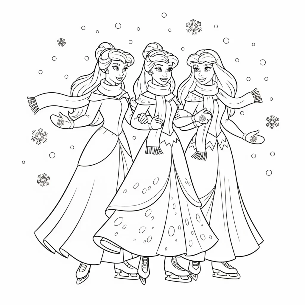 20+ Disney Prinzessin Ausmalbilder (Kostenlose Malvorlage drucken) Disney Prinzessinnen beim Eislaufen – Ausmalbild für Kinder zum Ausdrucken