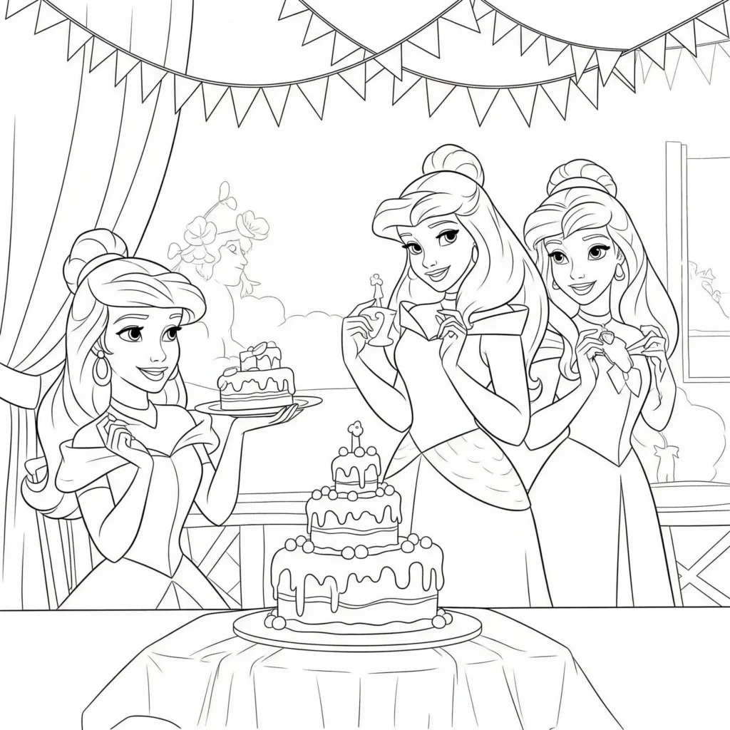 20+ Disney Prinzessin Ausmalbilder (Kostenlose Malvorlage drucken) Disney Prinzessinnen feiern Geburtstag – Ausmalbild zum Ausdrucken