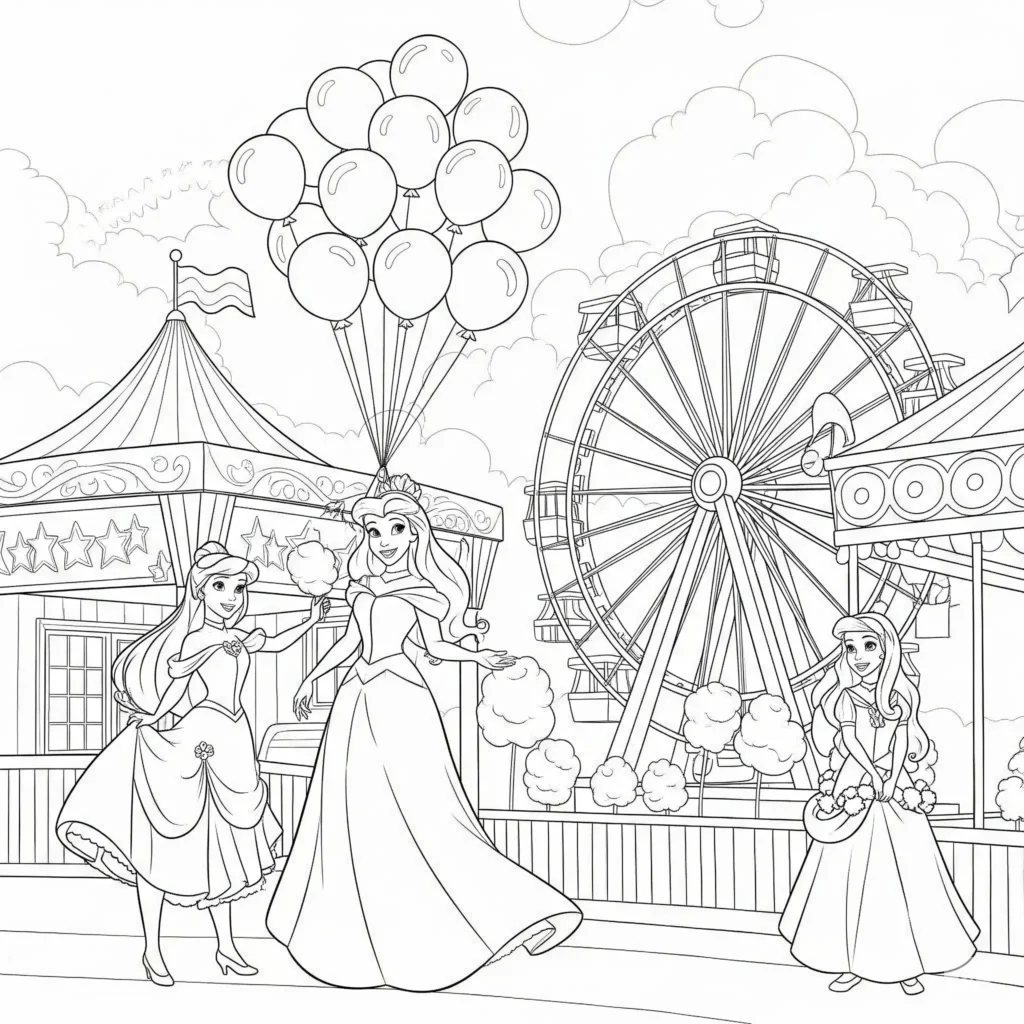 20+ Disney Prinzessin Ausmalbilder (Kostenlose Malvorlage drucken) Disney Prinzessinnen feiern Karneval – Ausmalbild für Kinder zum Ausdrucken