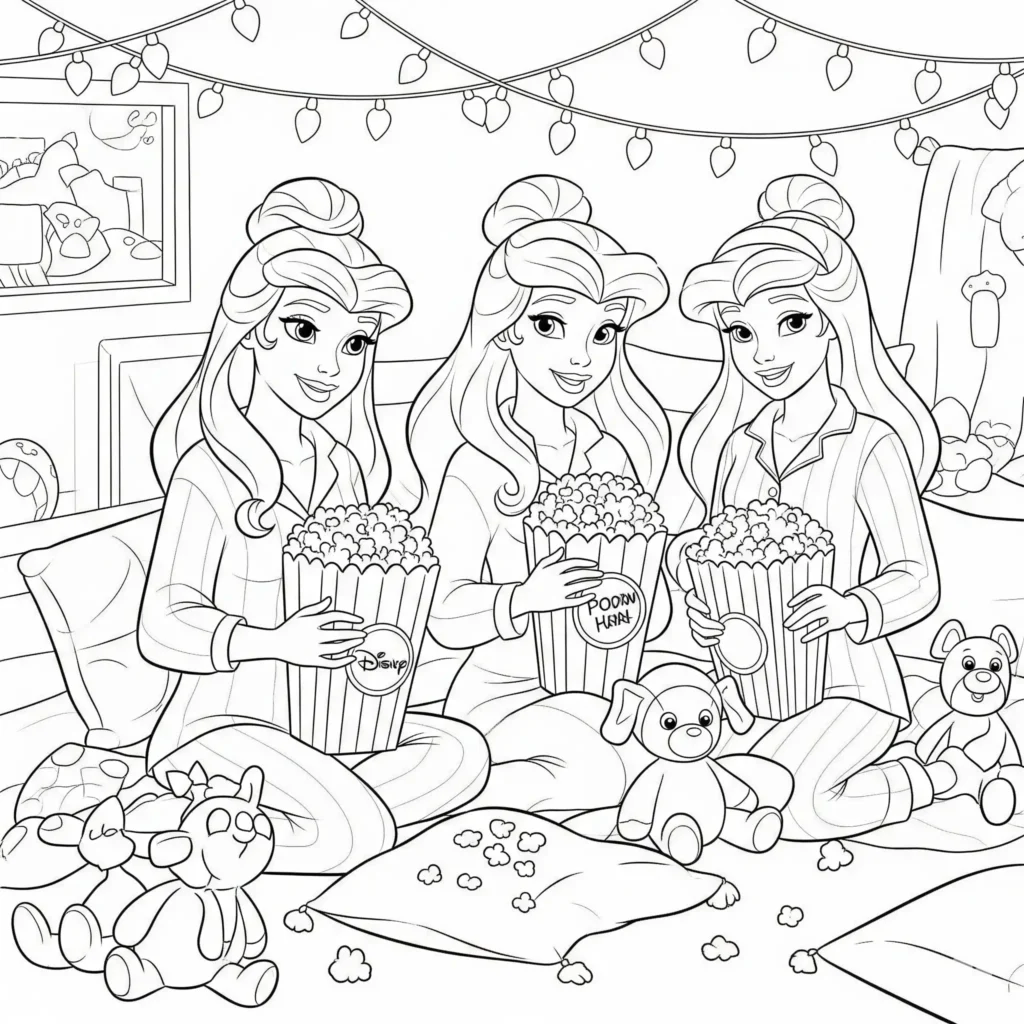 20+ Disney Prinzessin Ausmalbilder (Kostenlose Malvorlage drucken) Disney Prinzessinnen bei einer Pyjamaparty als Malvorlage zum Ausdrucken für Kinder
