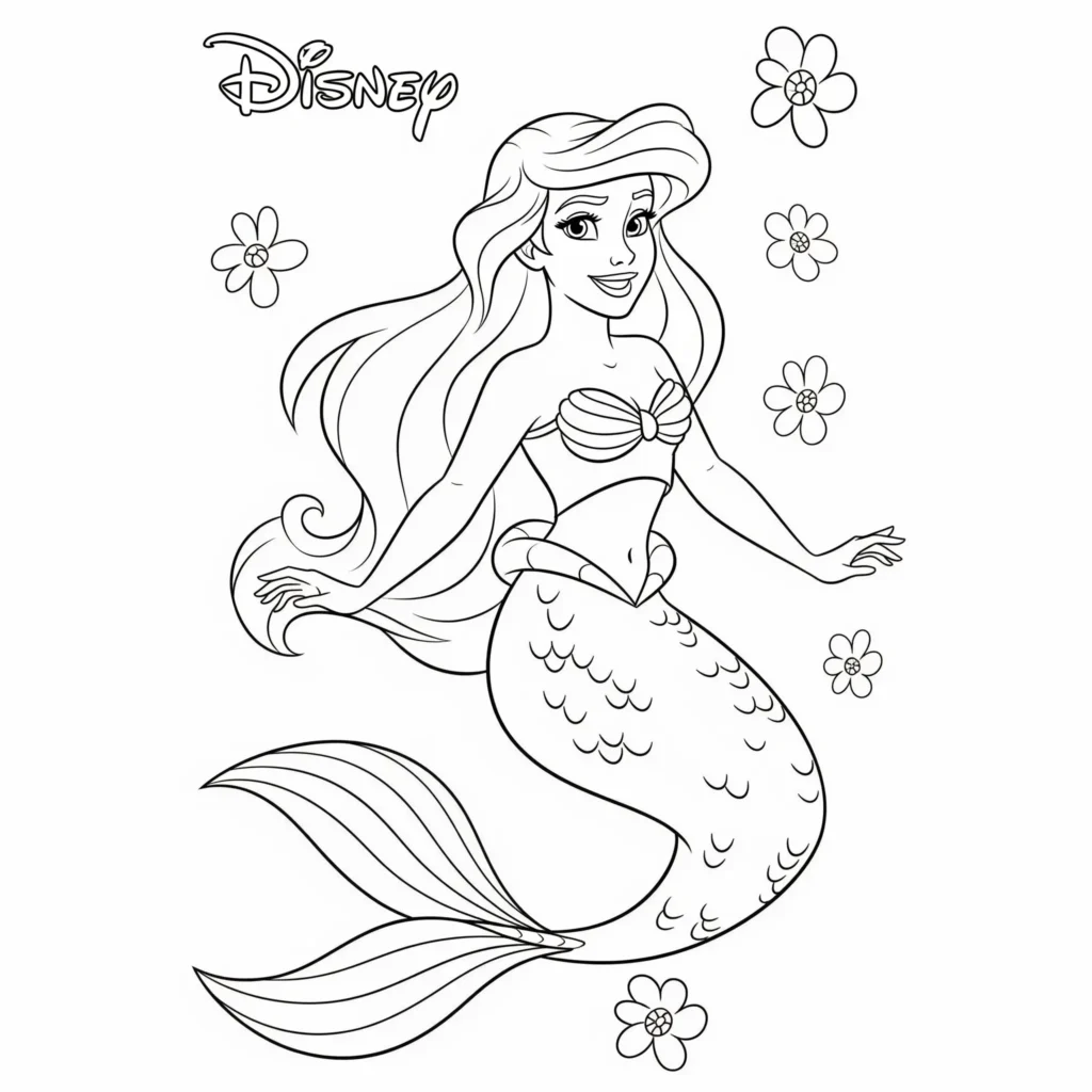 20+ Disney Prinzessin Ausmalbilder (Kostenlose Malvorlage drucken) Disney Prinzessin Arielle als Meerjungfrau – Ausmalbild für Kinder kostenlos