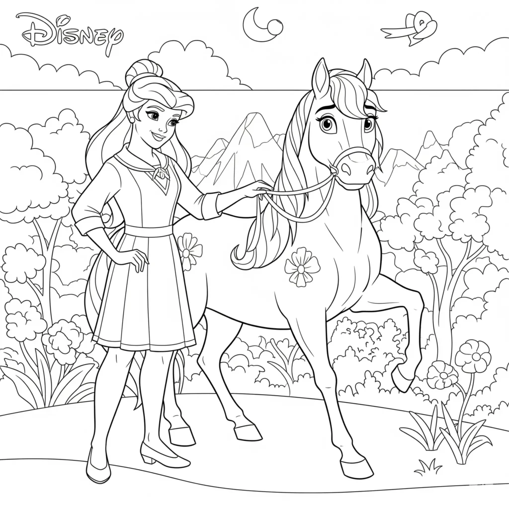 20+ Disney Prinzessin Ausmalbilder (Kostenlose Malvorlage drucken) Disney Prinzessin reitet auf Pferd – Ausmalbild für Kinder zum Ausdrucken
