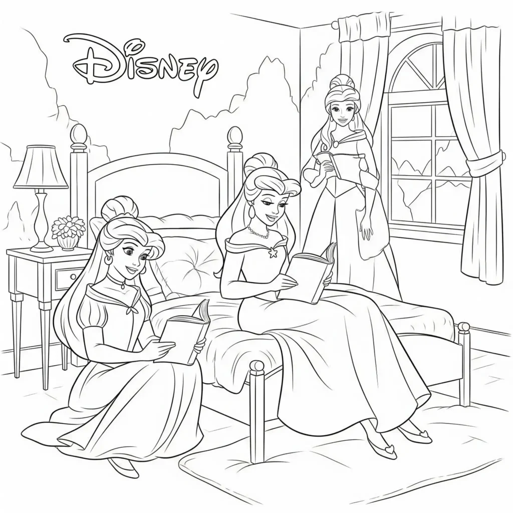 20+ Disney Prinzessin Ausmalbilder (Kostenlose Malvorlage drucken) Disney Prinzessinnen im Schloss zur Schlafenszeit – Ausmalbild zum Ausdrucken