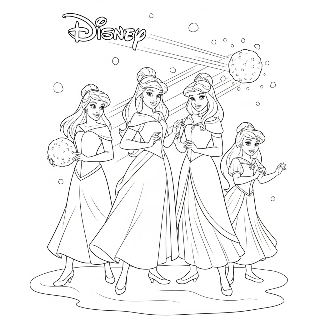 20+ Disney Prinzessin Ausmalbilder (Kostenlose Malvorlage drucken) Disney Prinzessinnen bei einer Schneeballschlacht – Ausmalbild zum Ausdrucken