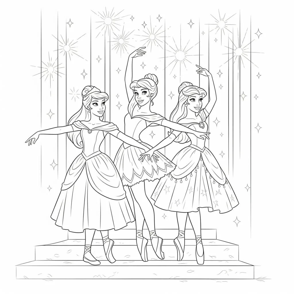 20+ Disney Prinzessin Ausmalbilder (Kostenlose Malvorlage drucken) Disney Prinzessinnen als Ballerinas auf der Bühne – Ausmalbild zum Ausdrucken