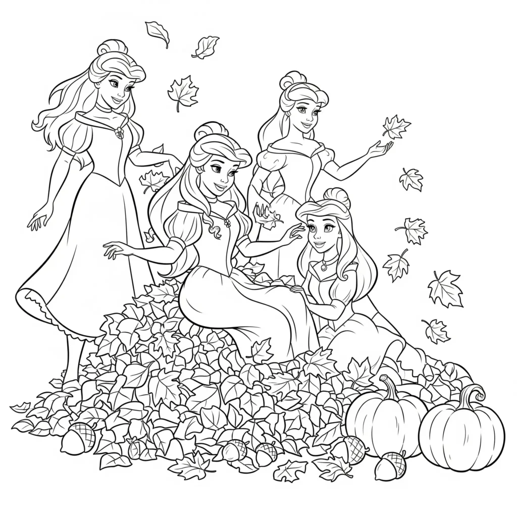 20+ Disney Prinzessin Ausmalbilder (Kostenlose Malvorlage drucken) Disney Prinzessinnen spielen im bunten Herbstlaub – Ausmalbild zum Ausdrucken