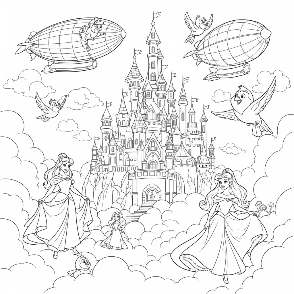 20+ Disney Prinzessin Ausmalbilder (Kostenlose Malvorlage drucken) Disney Prinzessinnen im magischen Himmelreich – Ausmalbild zum Ausdrucken
