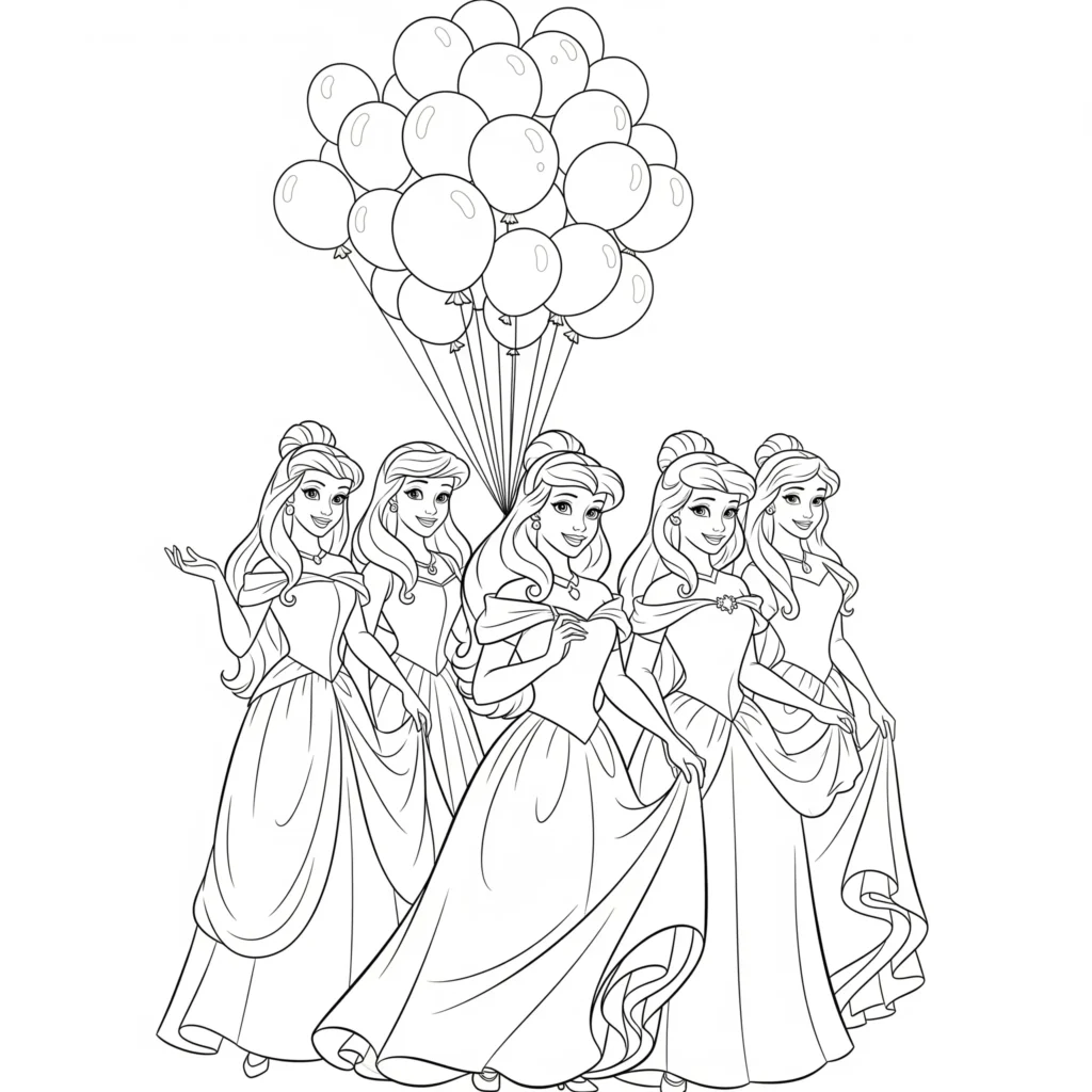 20+ Disney Prinzessin Ausmalbilder (Kostenlose Malvorlage drucken) Disney Prinzessinnen mit bunten Luftballons – Ausmalbild zum Ausdrucken
