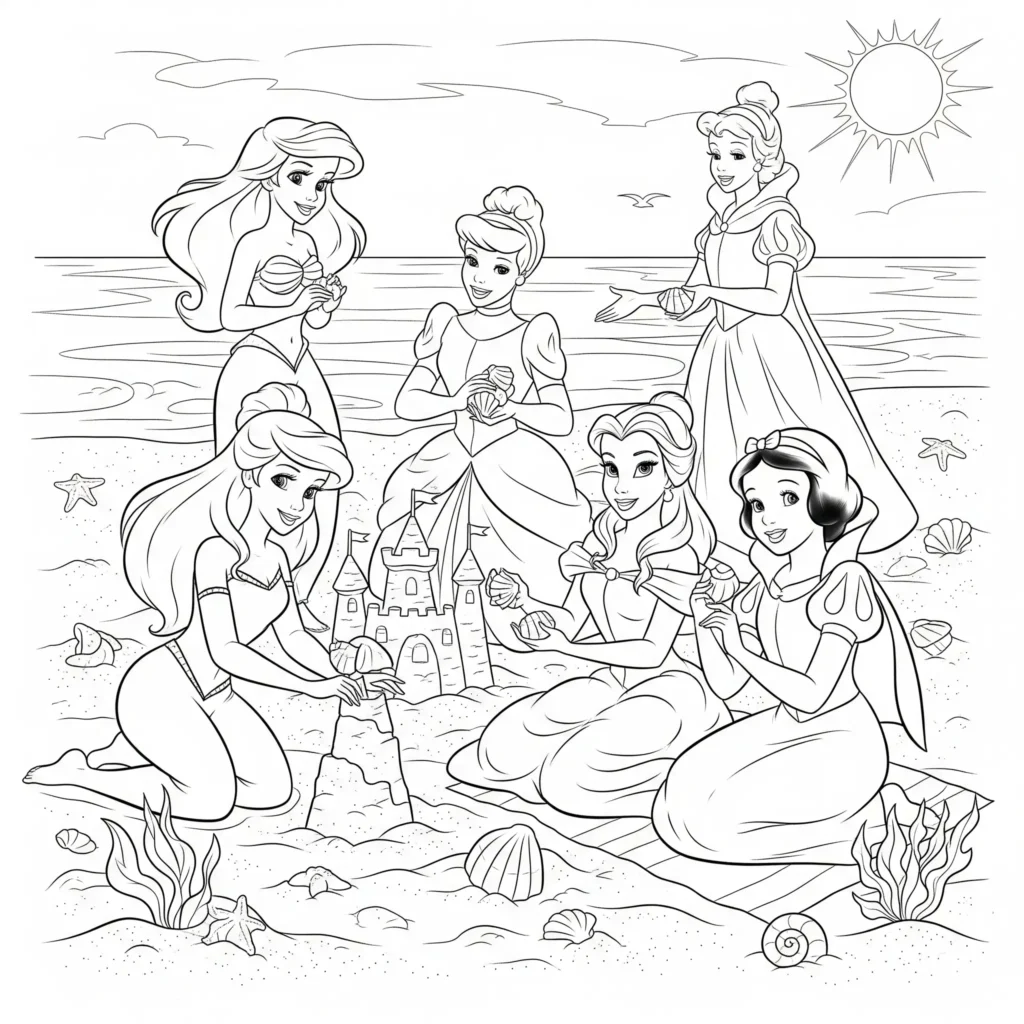 20+ Disney Prinzessin Ausmalbilder (Kostenlose Malvorlage drucken) Disney Prinzessinnen genießen den Strand – Ausmalbild zum Ausdrucken