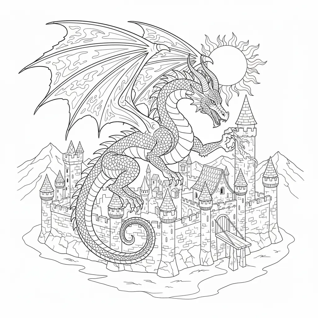 Großer Drache befindet sich im Schloss zum Ausmalen und Ausdrucken
