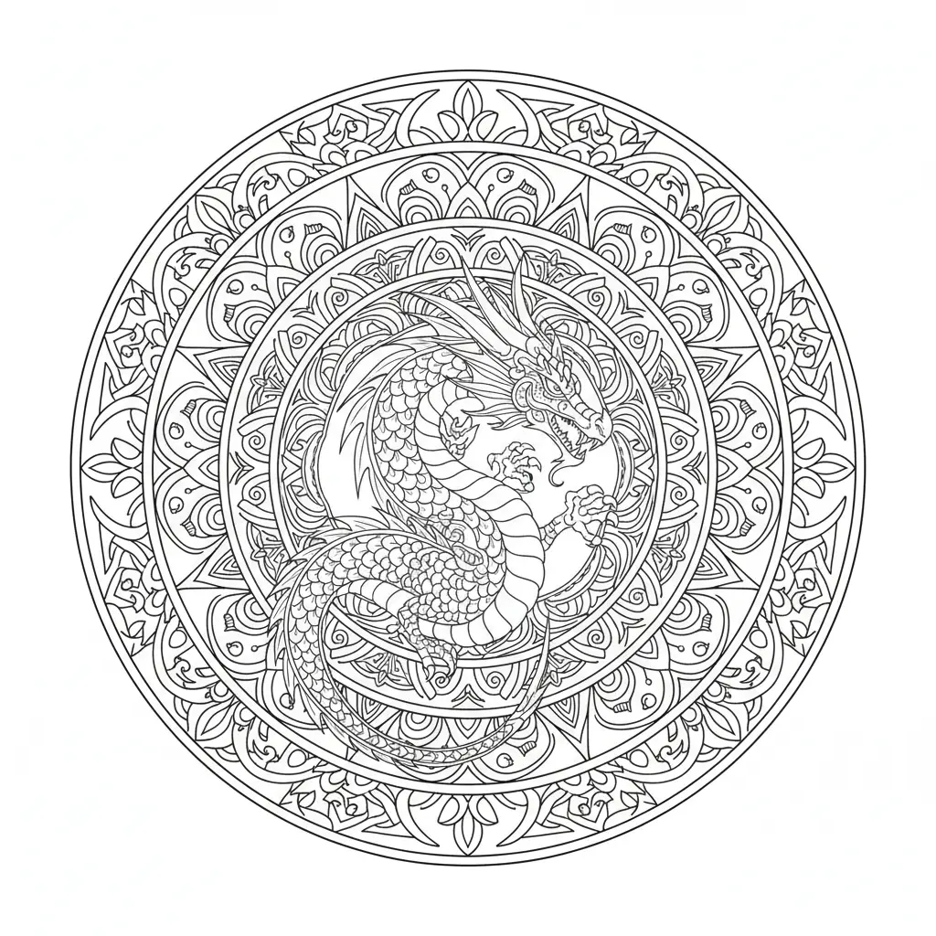 Kunstvolle Mandala Malvorlage mit Drache zum Ausmalen und Ausdrucken
