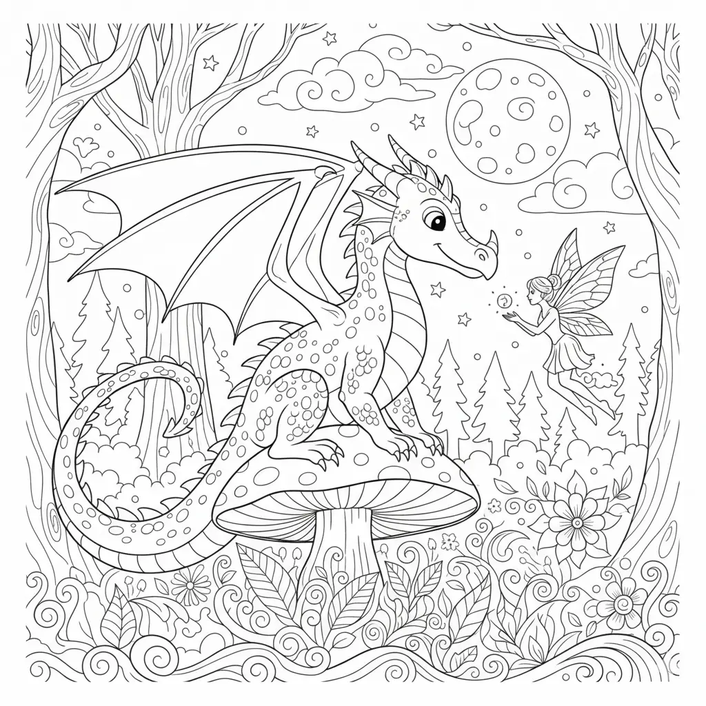 Drache und Fee zusammen im Zauberwald zum Ausmalen und Ausdrucken