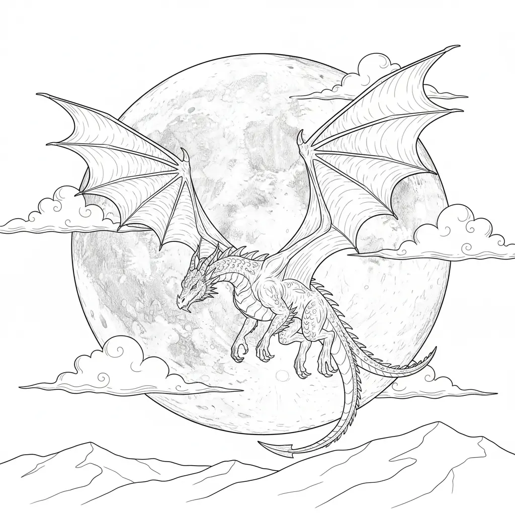 Silhouette eines Drachen vor dem Mond in der Nacht zum Ausmalen und Ausdrucken