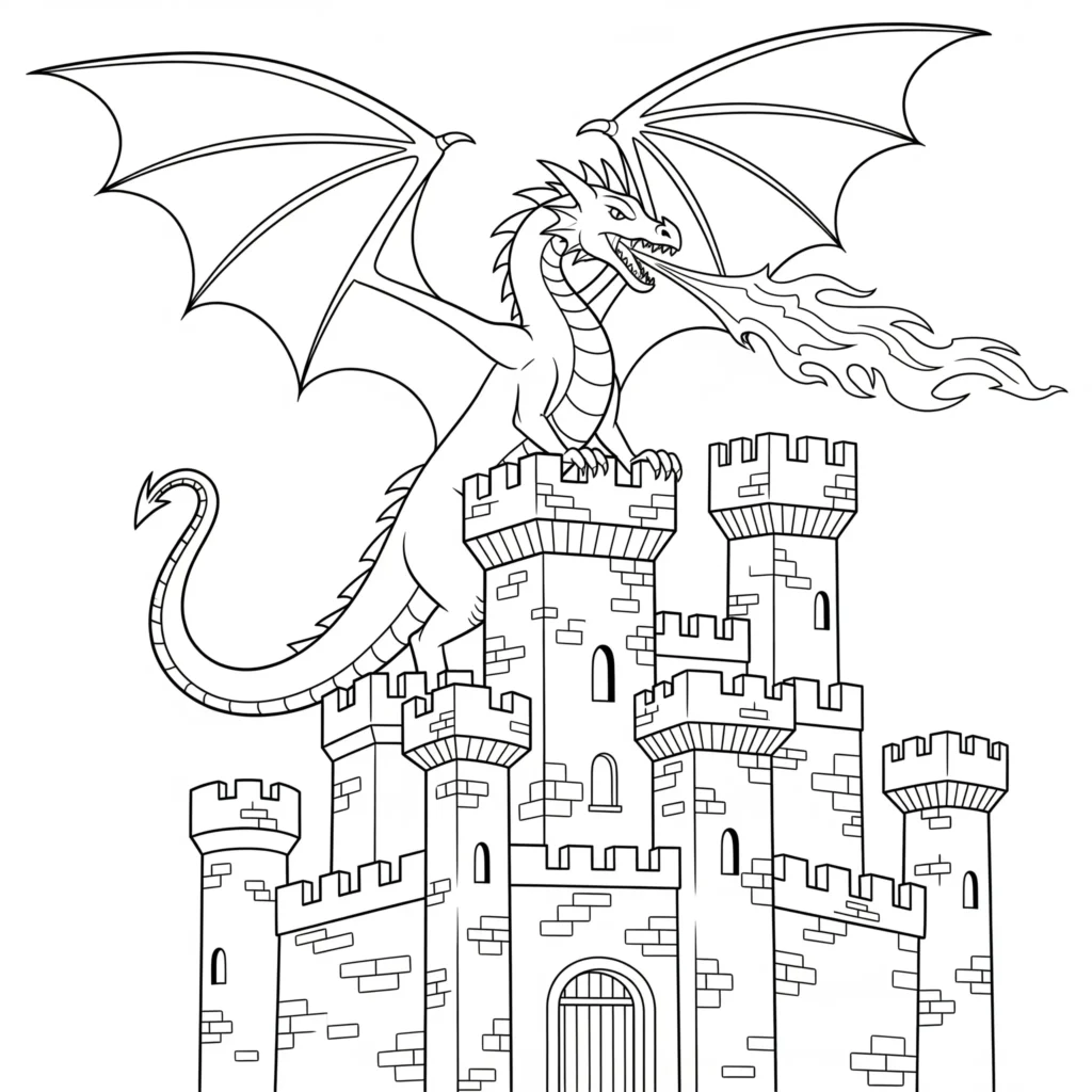 Schloss ausmalbild mit einem drachen der ein schloss bewacht als pdf vorlage für kinder zum ausdrucken und ausmalen