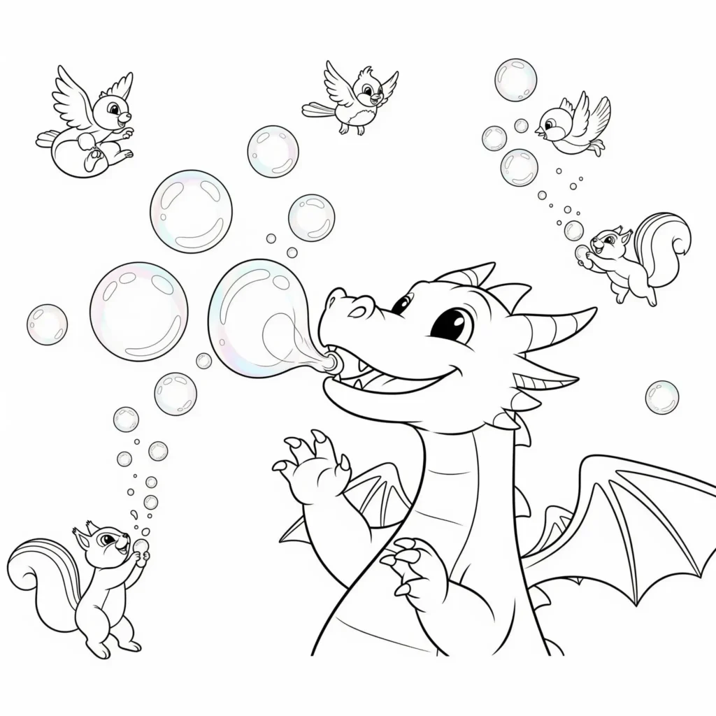 Lustiger Drache pustet Seifenblasen zum Ausmalen und Ausdrucken