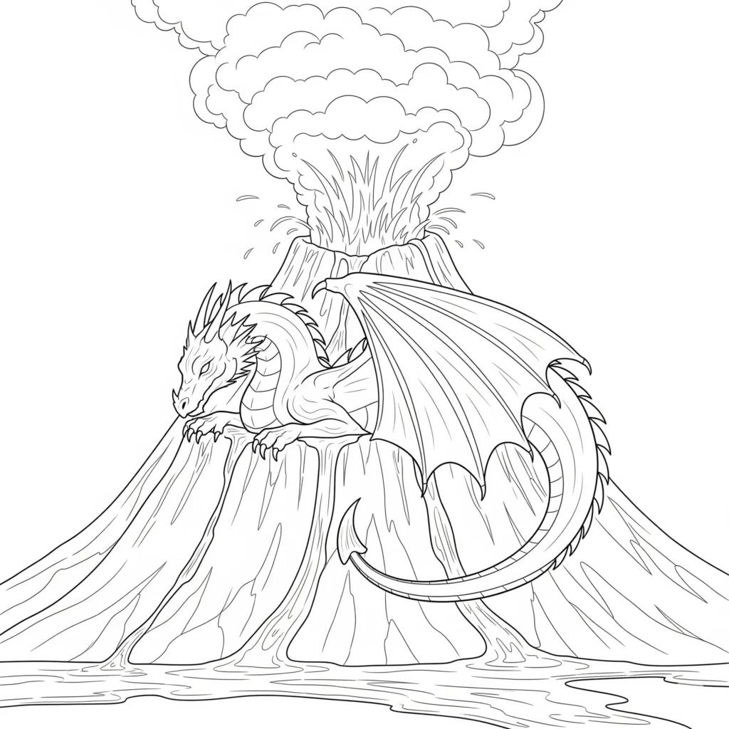 Mächtiger Drache sitzt auf einem Vulkan zum Ausmalen und Ausdrucken