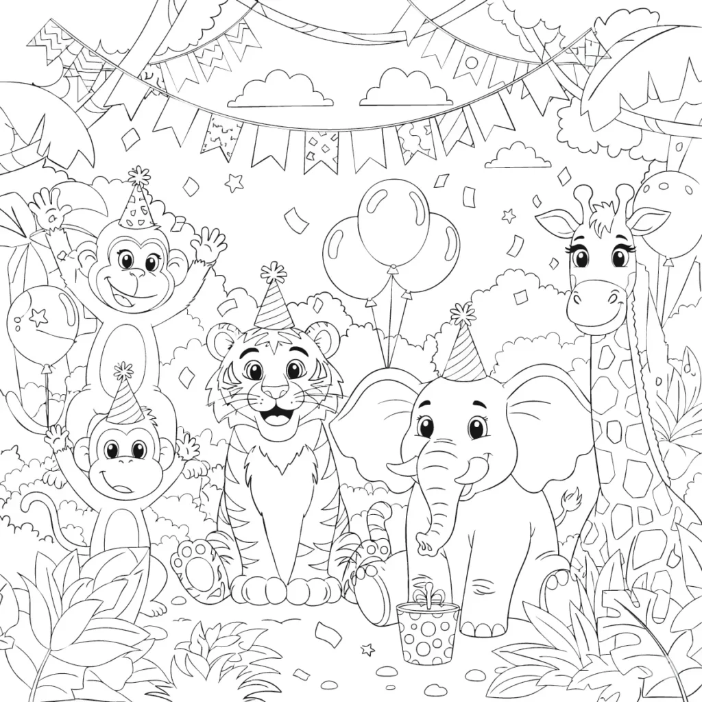 20 Dschungel Ausmalbilder (Gratis Malvorlage zum Ausdrucken) dschungel ausmalbild für kinder mit cartoon tieren die zusammen eine party im dschungel feiern
