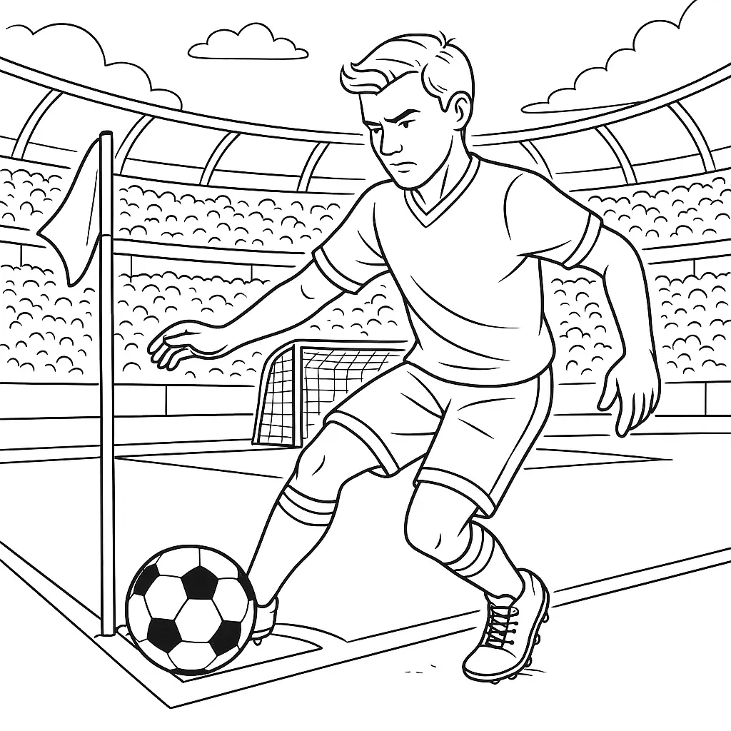 36 Ausmalbilder Fussball (Gratis Fußball Malvorlage drucken) Ausmalbild Fußballspieler bereitet sich auf eine Ecke vor, Ball an der Fahne, Tor und Tribünen im Hintergrund
