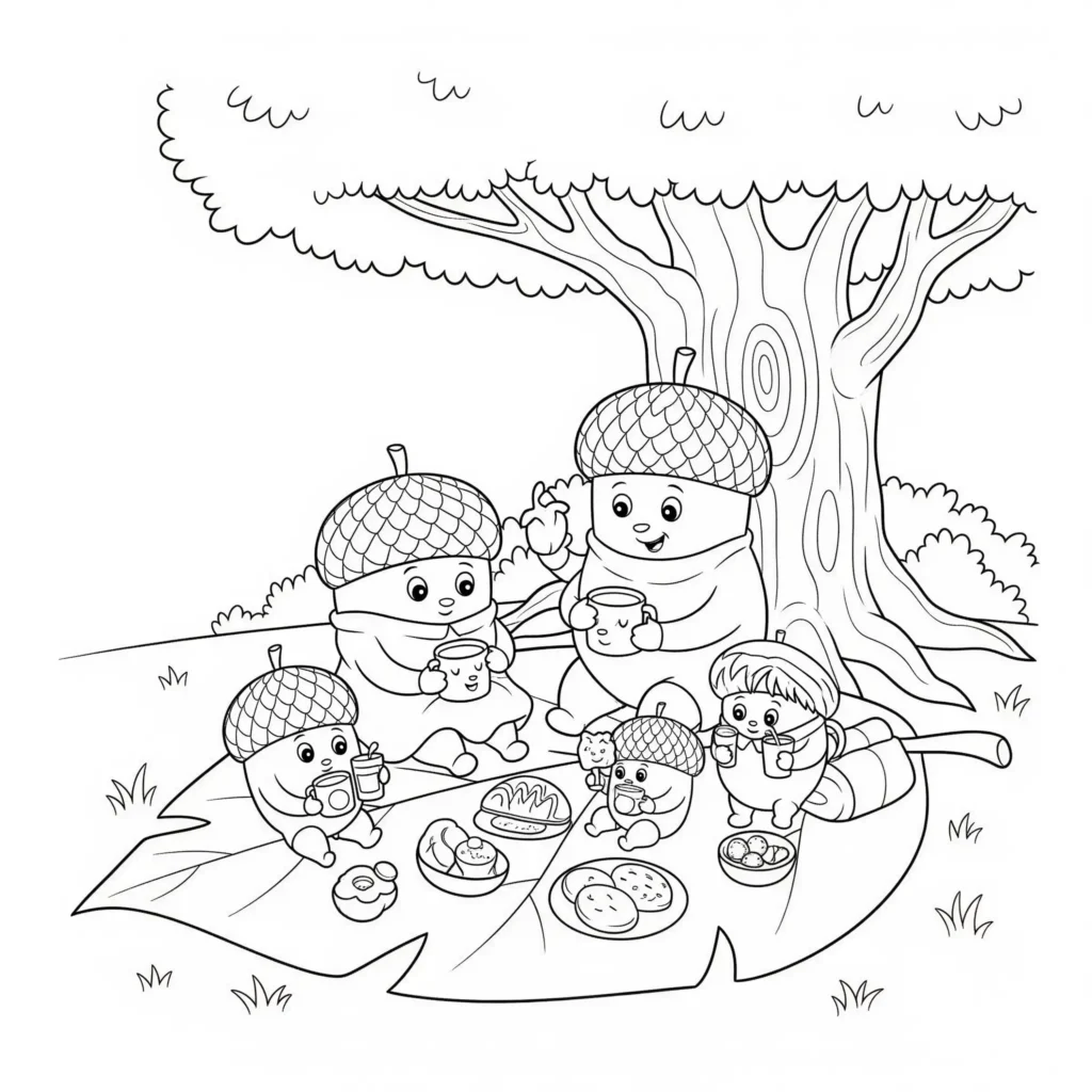 Eine niedliche Eichel-Familie genießt ein Picknick unter einem Baum mit herbstlichen Blättern. Kinder können die Figuren, den Baum und die Blätter farbenfroh gestalten.